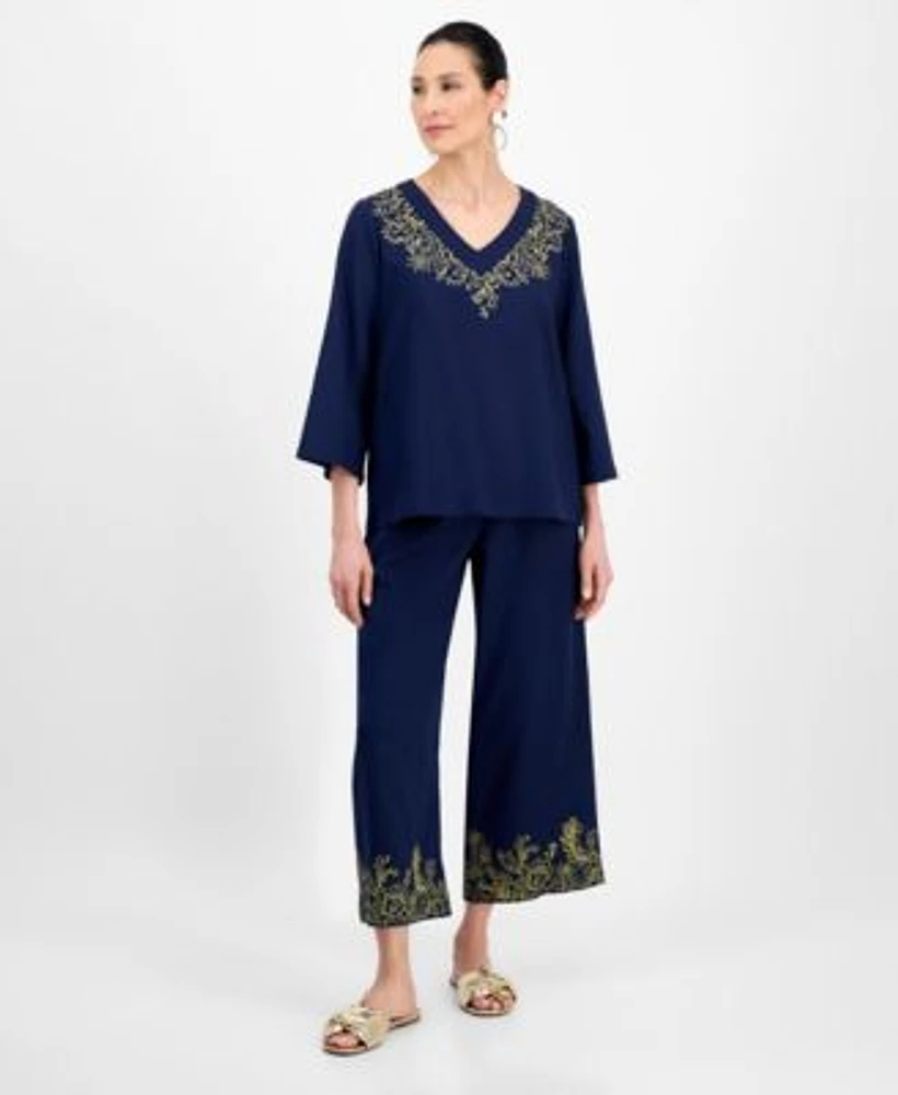 Jm Collection Womens Embroidered Top Capri Pants Exclusively At Macys