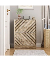 The 2-door wooden shoe cabinet and fashionable shutter door design, sturdy and durable, efficient and stored