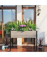 Mobile Elevated Gray and Black Wood Metal Raised Garden Planter Bed with Wheels