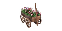 Outdoor Garden Fir Wood Barrel Planter Wagon on Wooden Wheels