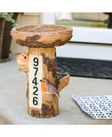 Staked Country Tree Stump Bird Bath with Solar Lighted Address Plate and Custom Number Stickers Set - 15.5-Inch H