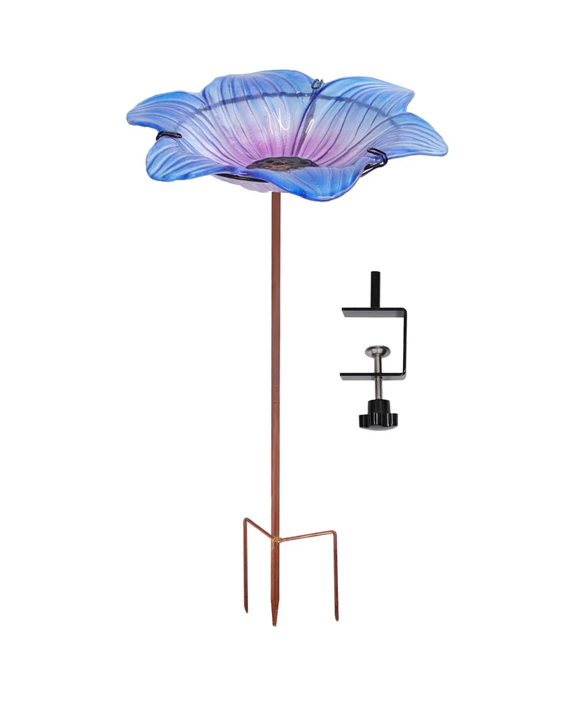 Glass Bird Bath Bowl - 11.5” Diameter - Includes Deck Clamp and Staked Stand - Morning Glory