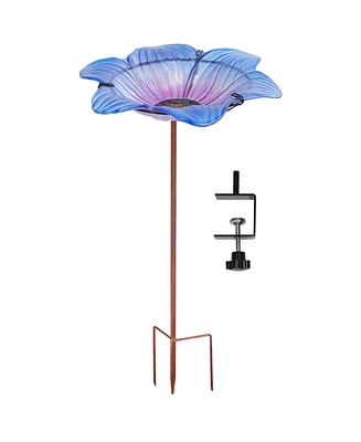 Glass Bird Bath Bowl - 11.5” Diameter - Includes Deck Clamp and Staked Stand - Morning Glory