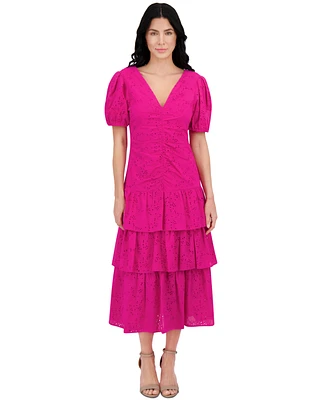 kensie Women's Emboridered Layered Puff-Sleeve Maxi Dress