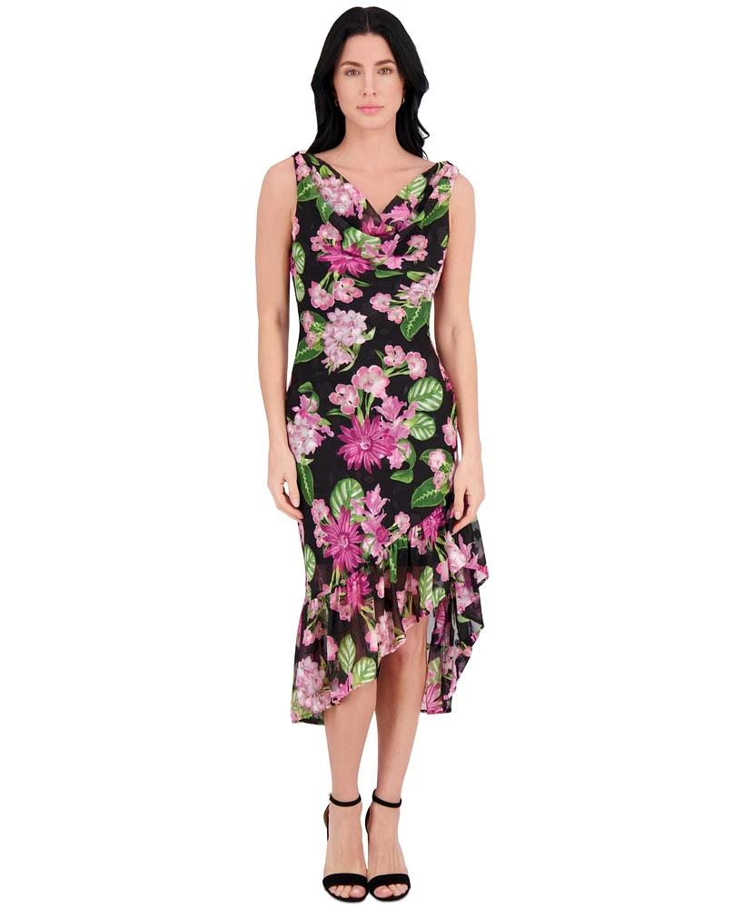 kensie Women's Floral-Print Chiffon Flounce Dress