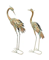 Golden Crane Metal Yard Art, Lawn and Garden Sculpture Decor- Gold with Blue Accent - Includes 2 Statues