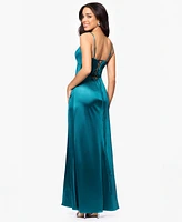 Blondie Nites Juniors' Sweetheart Corset Side-Slit Gown