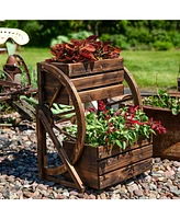 Wagon Wheel 2-Tier Rustic Wood Plant Stand - Tiered Garden Box - For Patio, Garden