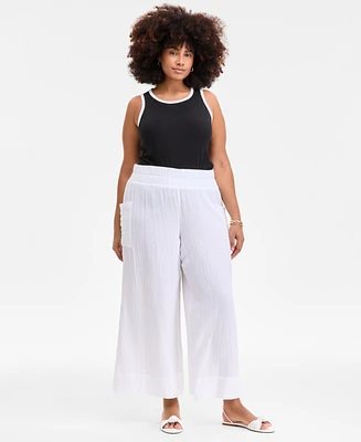 On 34th Plus Cotton Gauze Smocked-Waist Wide-Leg Pants, Exclusively at Macy's