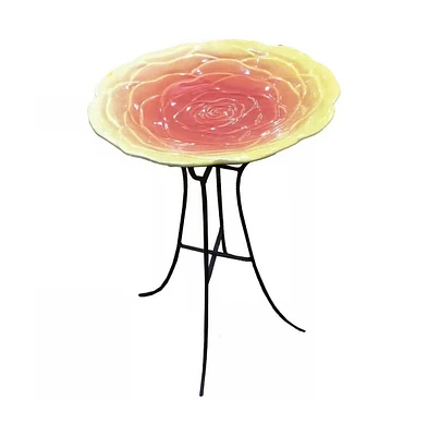 Outdoor Ceramic Floral Birdbath with Metal Stand for Garden Decor
