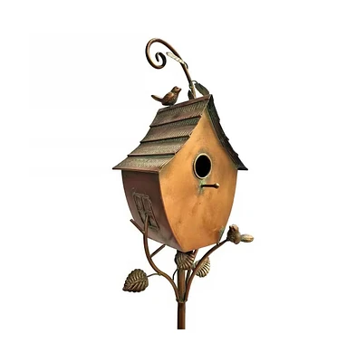Outdoor Powder-Coated Iron Birdhouse with 3-Prong Garden Stake in Copper Finish