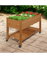 Outdoor Wood Raised Garden Bed Planter Box with Shelf and Locking Wheels