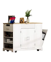 Fluted Kitchen Island with Trash Storage, Outlets, Internal Rack, and Rollers