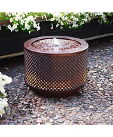 Metal Cylinder Bubbler Outdoor Water Fountain - 11.75-Inch - Features Led Lights and Repeating Diamonds Pattern