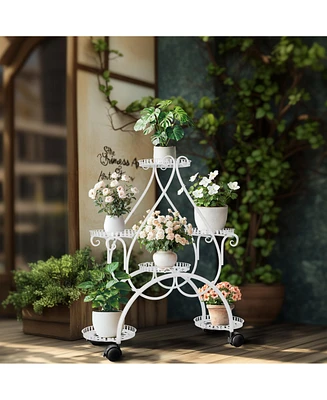 Unho 6 Potted White Metal Plant Stand Wrought Iron Flower Rack Holder with Wheels