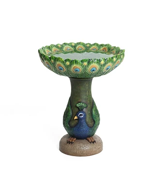 LuxenHome Blue and Green Peacock 20.5-Inch Tall Resin Birdbath