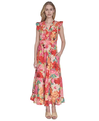 Vince Camuto Women's Floral-Print Ruffled-Shoulder Dress