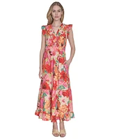 Vince Camuto Women's Floral-Print Ruffled-Shoulder Dress