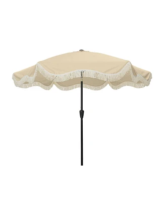 Mondawe 9 Ft Fashionable Boho Vintage Tassels Print Patio Umbrella with Push Button Tilt Pole