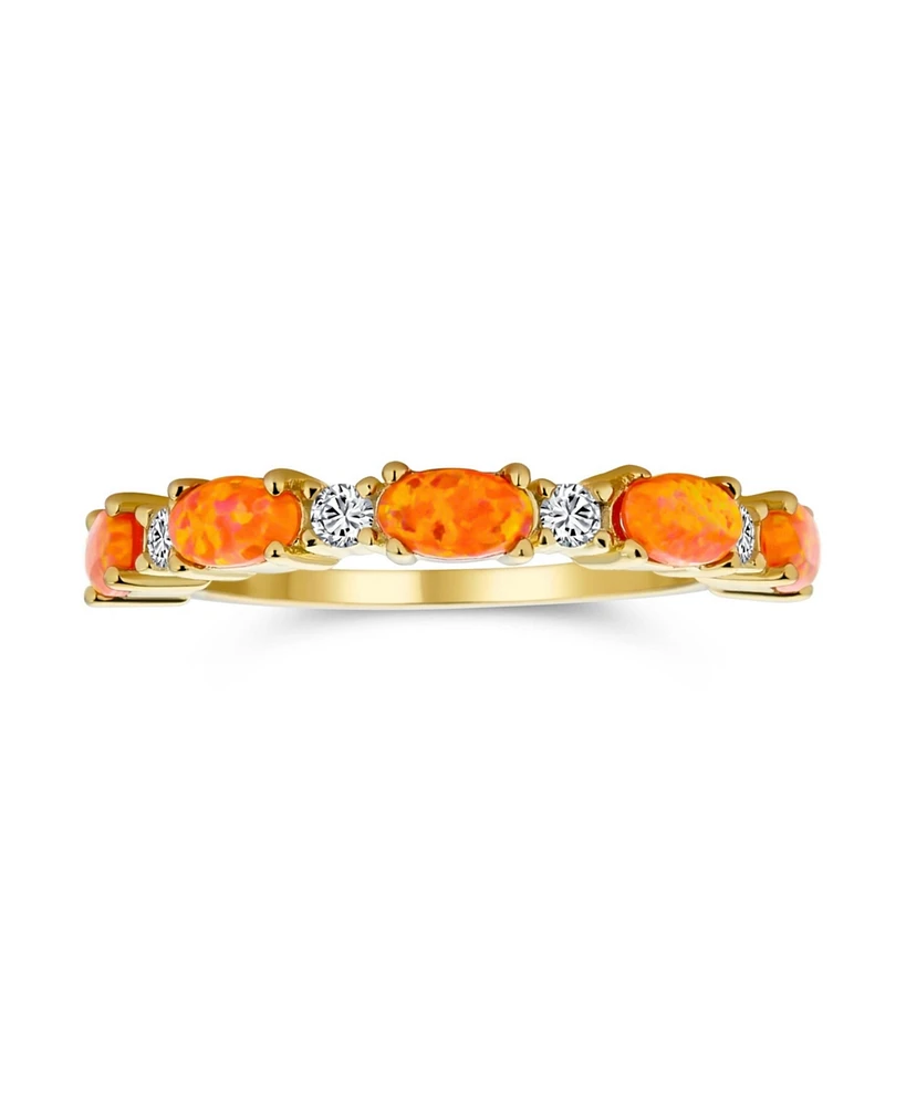 Bling Jewelry Open Leaf Cz Stackable 1/2 Eternity Oval Orange Blue Pink Created Opal Ring Gold Plated .925 Sterling Silver
