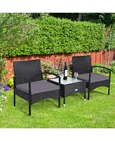 Gymax 3 Pcs Patio Wicker Rattan Furniture Set Coffee Table & 2 Rattan Chair W/Cushion