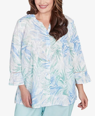 Alfred Dunner Plus St. Thomas Tropical Embroidered Button Front Top