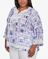 Alfred Dunner Plus Crystal Springs Watercolor Plaid Lace Neck Top