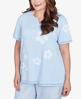 Alfred Dunner Plus St. Thomas Dragonfly Flower Applique Crew Neck Top