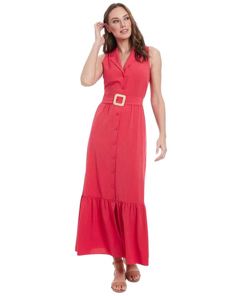 London Times Women's Sleeveless Tiered Maxi Shirtdress