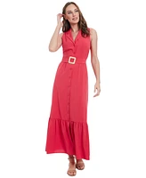 London Times Women's Sleeveless Tiered Maxi Shirtdress