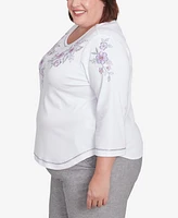 Alfred Dunner Plus Crystal Springs Embroidered Flower Crew Neck Top