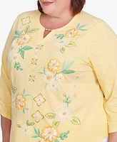 Alfred Dunner Plus Rise and Shine Sunny Floral Embroidered Split Neck Top