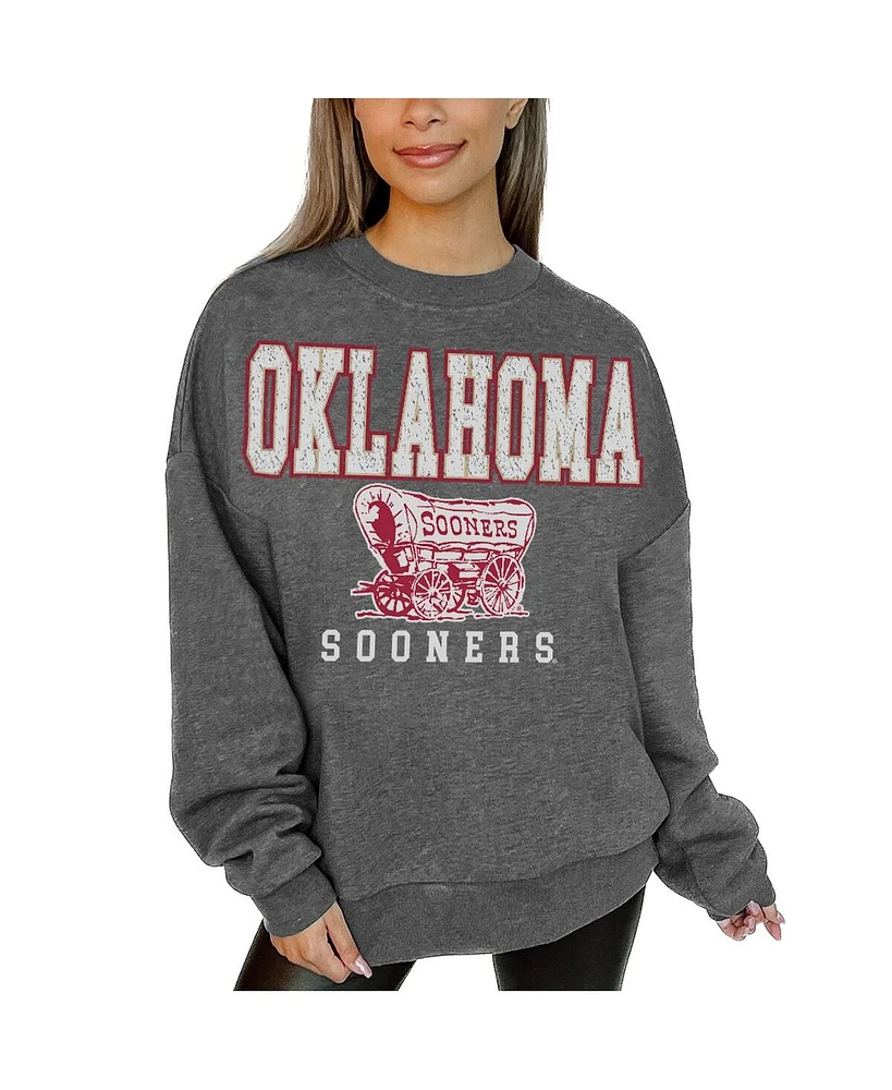 Gameday Couture Women's Heather Charcoal Oklahoma Sooners Distressed Fleece Pullover Sweatshirt