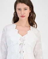 Guess Women's Long-Sleeve Embroidered Tie-Front Top