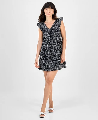 Robbie Bee Petite Embroidered Flutter-Sleeve Cotton Dress