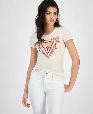 Guess Women's Triangle Flowers Short-Sleeve Tee