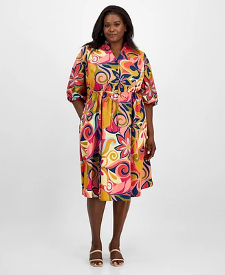 Sandra Darren Plus Printed Drawstring-Waist Shirtdress
