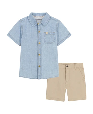 Calvin Klein Baby Boys 2-Piece Enzyme-Washed Denim Button Front Shirt and Twill Shorts Set
