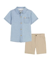 Calvin Klein Baby Boys 2-Piece Enzyme-Washed Denim Button Front Shirt and Twill Shorts Set