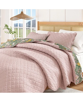 Linery & Co. Cotton Stitched Reversible Floral 3 Piece Scalloped Quilt and Sham Set