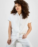I.n.c. International Concepts Petite Linen-Blend Tie-Hem Short-Sleeve Blouse, Exclusive at Macy's