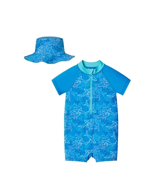 Andy & Evan Baby Boys Blue Swim Romper w/Hat