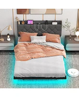 Full Size Floating Bed Frame with Led and Headboard and Charging Station-Full Size