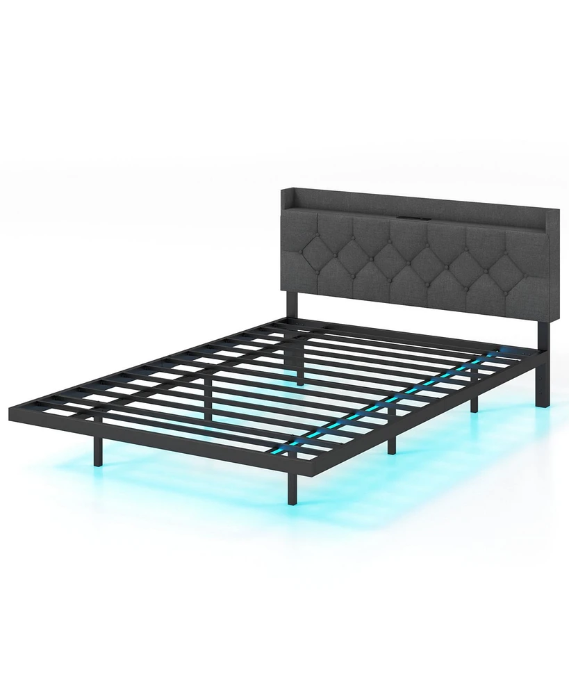 Full Size Floating Bed Frame with Led and Headboard and Charging Station-Full Size