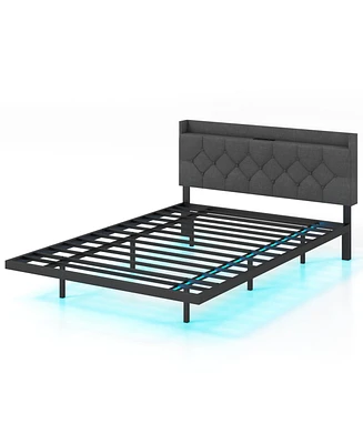 Full Size Floating Bed Frame with Led and Headboard and Charging Station-Full Size