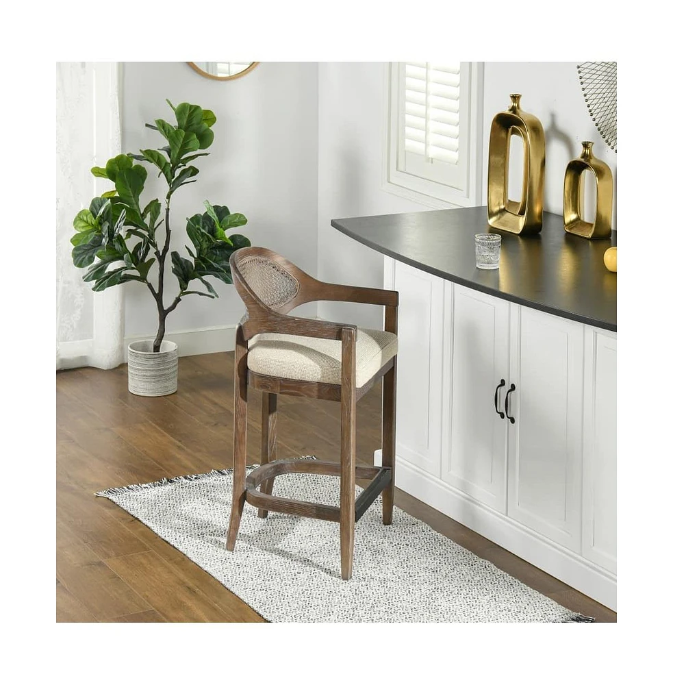 Mid-Century Modern 26" Counter Stool, 1PK Cane Back Bar Chair, Solid Oak Frame for Kitchen Island & Home Bar-The Pop