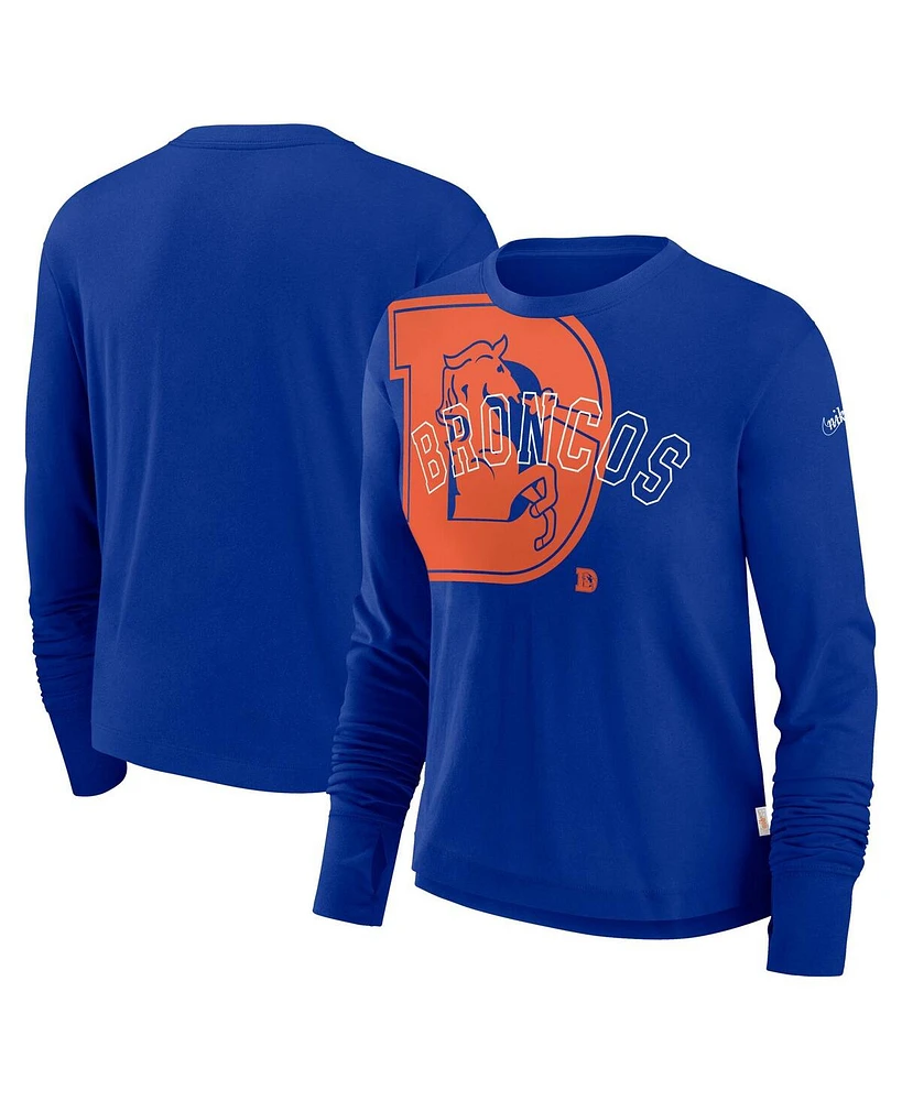 Nike Women's Royal Denver Broncos Layered Logo Cropped Long Sleeve Fashion T-Shirt