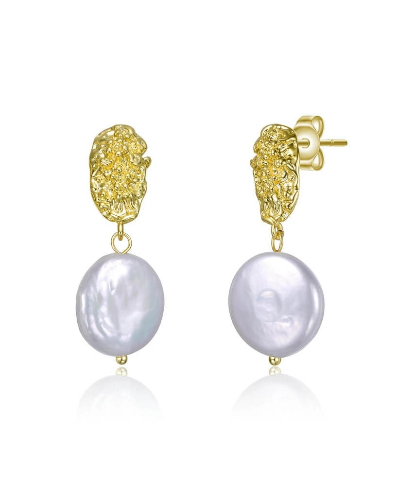 Sterling Silver 14K Gold Plated with Coin Shapped Freshwater Pearl Dangle Earrings