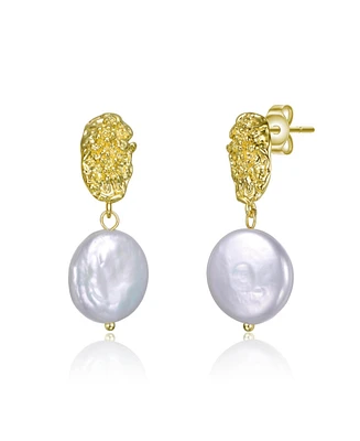 Sterling Silver 14K Gold Plated with Coin Shapped Freshwater Pearl Dangle Earrings