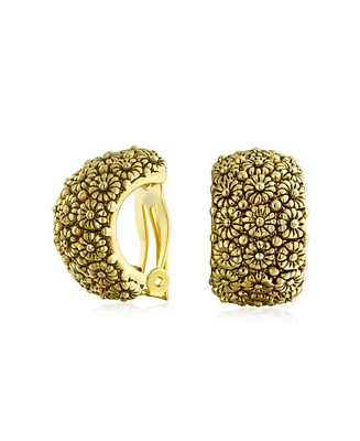 Bling Jewelry Fashion Carved Sunflower Flower Wide Half Hoop Clip On Earrings Silver Gold Tone Plated For Non Pierced Ears